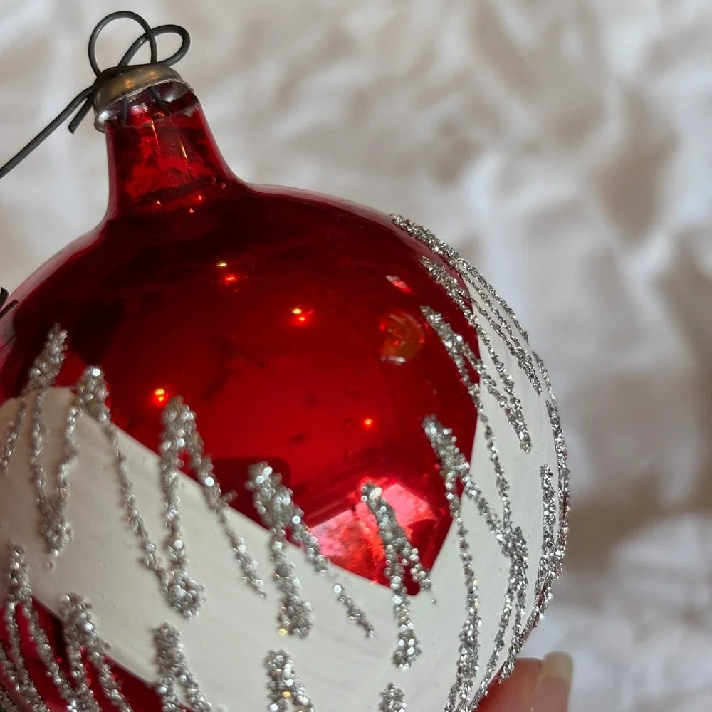 Vintage Multicolor Glass Ball Ornaments Silver Gold Glitter Zigzag Pattern 4pc
